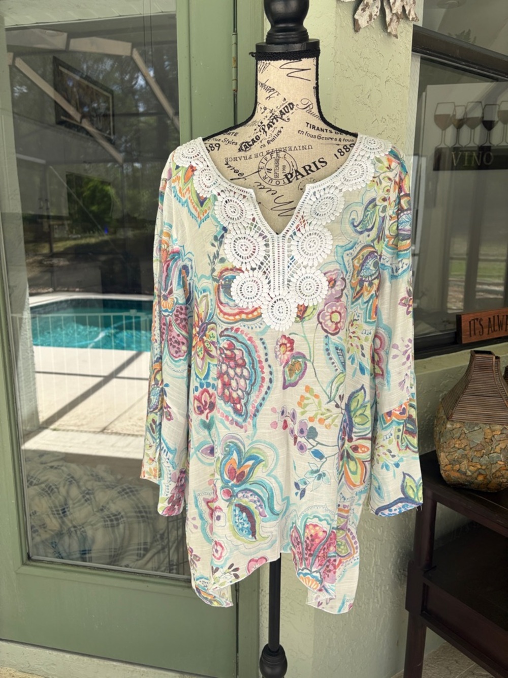 Spense Lightweight 3/4 Slit Sleeve Crochet Style V-Neck Swimsuit Cover-up Sz XL